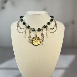 Victorian-Inspired Gold Locket Choker - Green Moss Agate And Layered Chains